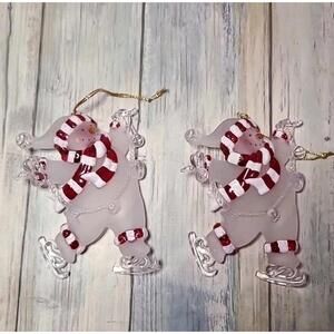 2 Glass Snowman Ornaments Skating Holding Jingle Bells